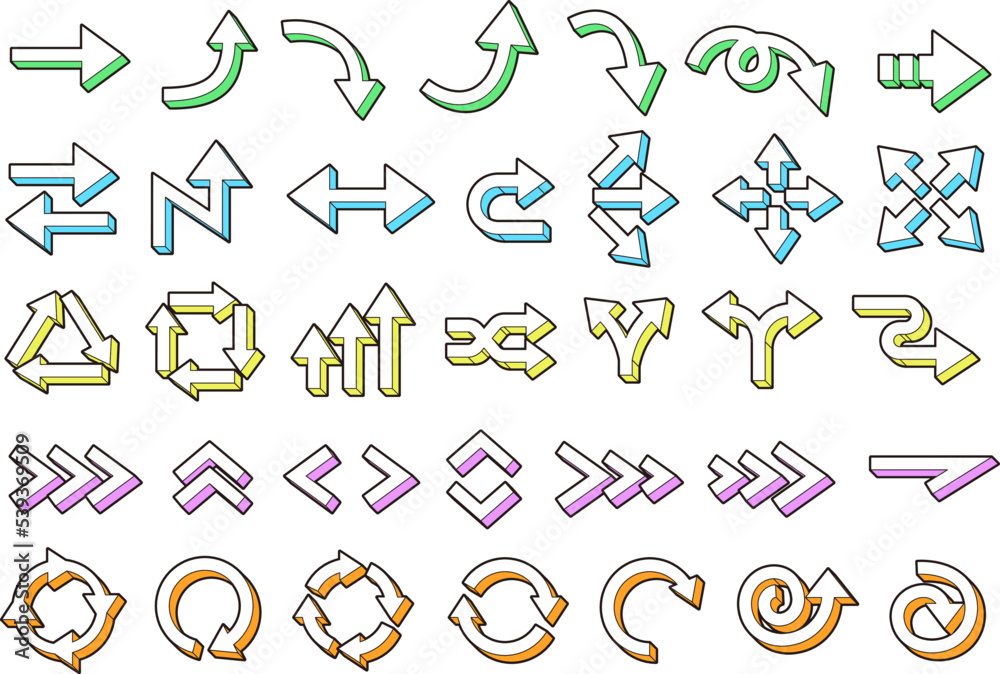 カラフルな影のついた立体的な矢印のイラストセット カラフルな影のついた立体的な矢印のイラストセット