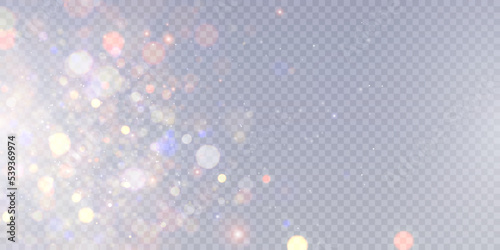 Glowing bright light effect with lots of shiny particles shimmering on a transparent background. Vector stardust. bokeh effect