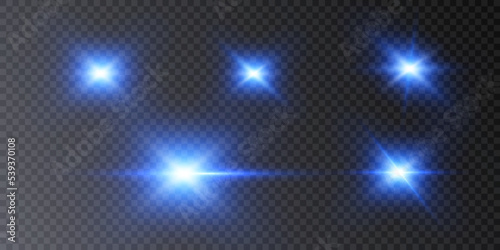 Set of isolated highlights in blue. Glowing realistic glare for design work. Twinkling stars.