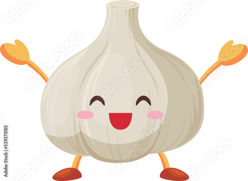 両手を挙げて喜ぶかわいいニンニクのキャラクターのイラスト