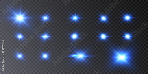 Set of isolated highlights in blue. Glowing realistic glare for design work. Twinkling stars.