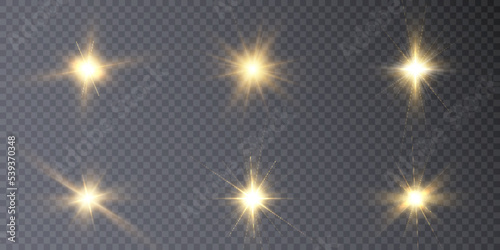 Set of isolated highlights in yellow. Glowing realistic glare effects for design work. Twinkling stars.