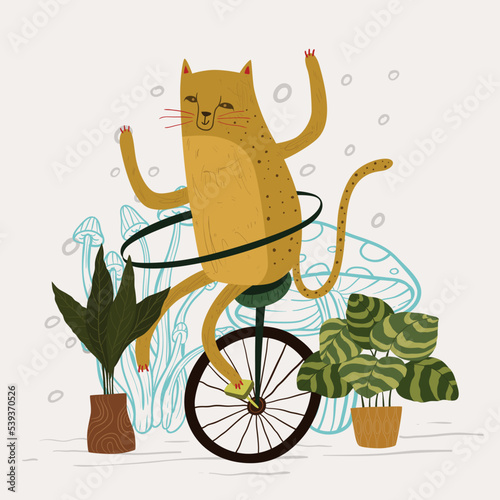 Cute puma playing hula hoop dance with unicyle vector illustration