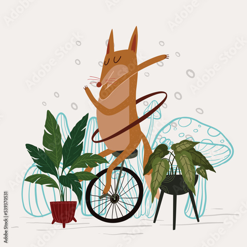 Cute fox playing hula hoop dance with unicyle vector illustration