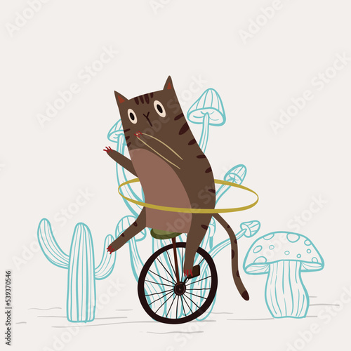Cute cat playing hula hoop dance with unicyle vector illustration
