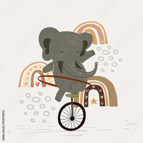 Cute elephant playing hula hoop dance with unicyle vector illustration