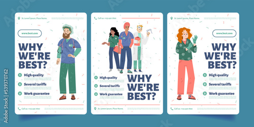 Why we are the best banners with hospital team wear uniform. Introductory posters with clinic services advantages, guarantees and tariffs for clients choice, health care Linear vector illustration
