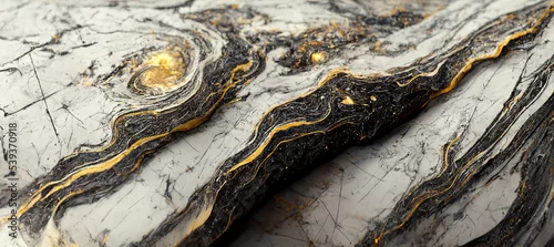 Panel kuchenny z motywem The texture of black and white marble with gold veins. Natural pattern. Abstract 3D illustration of marble surface for backgrounds, wallpapers, photo wallpapers, murals, posters.
