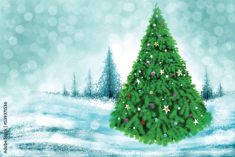 Christmas theme with christmas tree in winter landscape holiday background