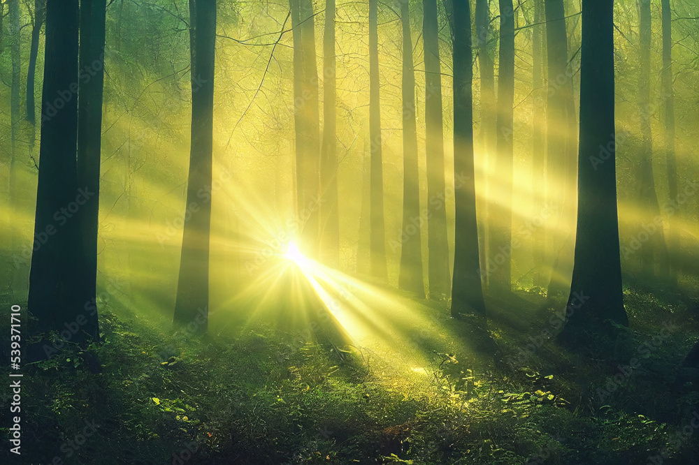 The sunbeams in the dark forest. Sunbeam forest trees. Forest sunbeams background. Forest sunbeams