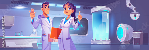 Scientists or doctors in futuristic laboratory. Medicine stuff male and female characters in white robe stand with raised index finger and palm in lab with modern equipment Cartoon vector illustration