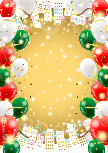 風船の舞う都会のクリスマスカラー背景タテ金