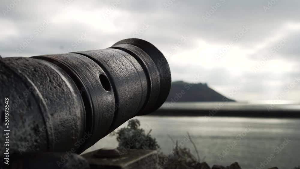 Hoe Canons On A Cloudy Day. Historical Landmark On The Coast Of Plymouth Hoe In The UK. close up Hoe Canons On A Cloudy Day. Historical Landmark On The Coast Of Plymouth Hoe In The UK. close up