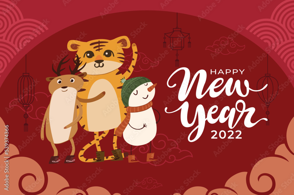 Happy chinese new year 2022 with cute tiger, snowman and cute deer illustration