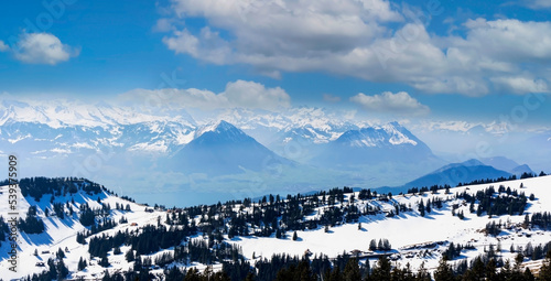  The mountain view of Pine trees as snow-capped mount peaks in Swiss Mountain alps against the blue sky background