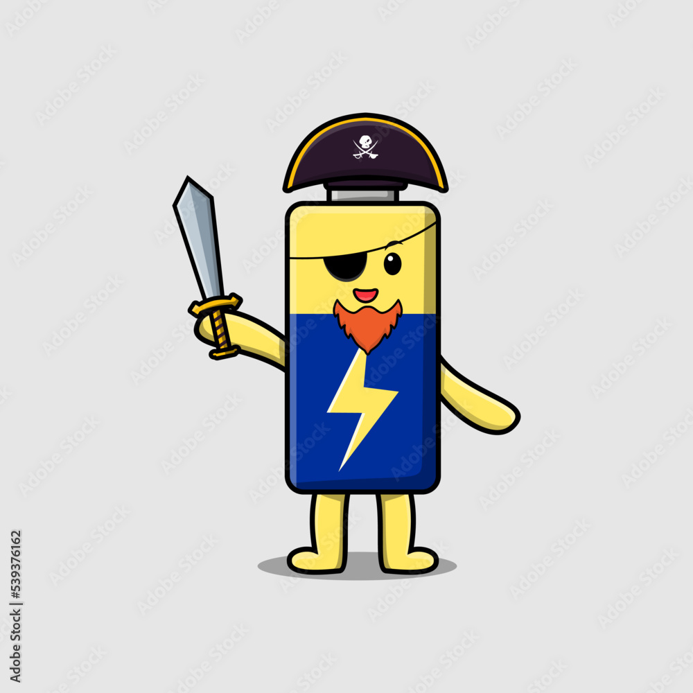 Cute cartoon mascot character Battery pirate with hat and holding sword in modern design