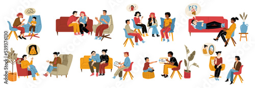 Mental therapy, health, psychotherapy session set. People visit psychologist for support and mind treatment. Adults, children, group of characters speak with doctor, Cartoon linear vector illustration