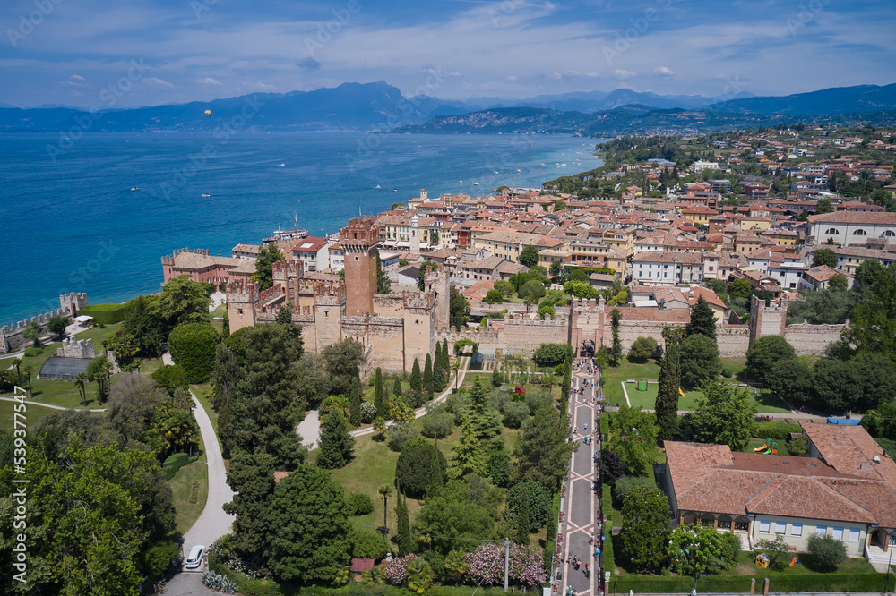 Lazise town, coastline. Aerial view of Lazise city, Verona. Drone view of Lazise town on Lake Garda Italy.