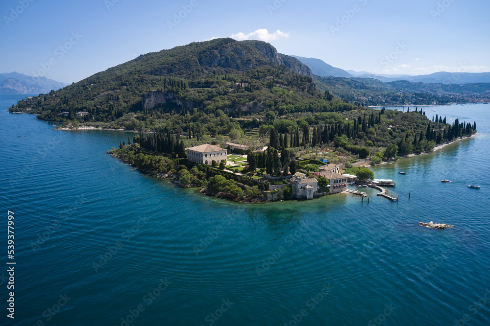 Spiaggia Baia delle Sirene panorama aerial view. Landmarks on Lake Garda, Italy.