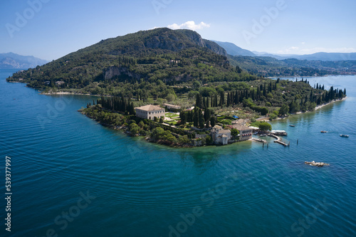 Spiaggia Baia delle Sirene panorama aerial view. Landmarks on Lake Garda, Italy.