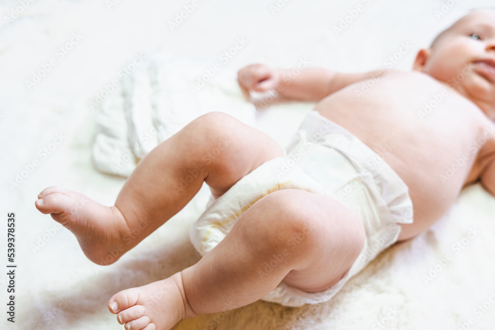 Diaper change newborn kid banner. Happy cute infant baby in nappy