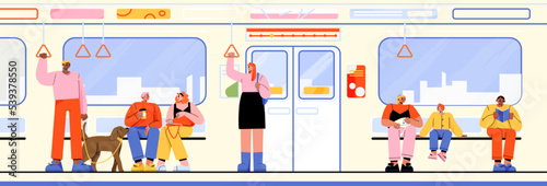 Subway train car with people inside. Diverse passengers, african american man with dog, sitting couple, woman with boy and guy reading book in metro wagon, vector flat illustration