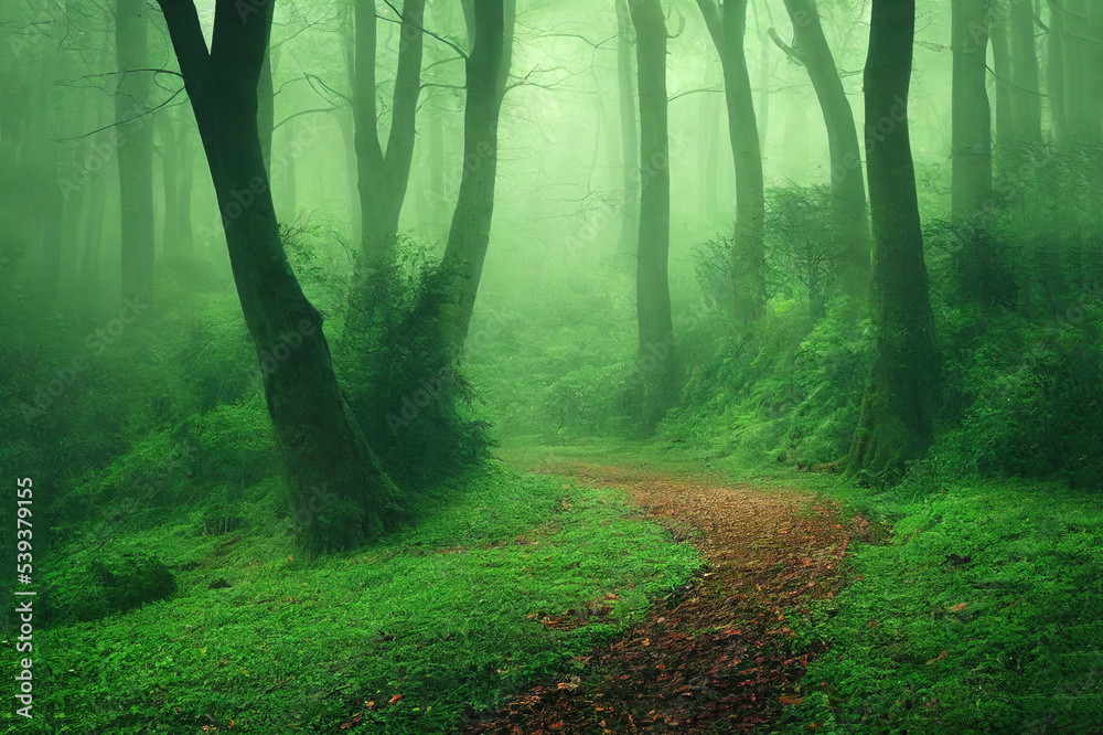 Green summer forest at misty rainy day. Woodland nature