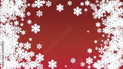 Christmas  Vector Background with Falling Snowflakes. Isolated on Red Background. Realistic Snow Sparkle Pattern. Snowfall Overlay Print. Winter Sky. Papercut Snowflakes.