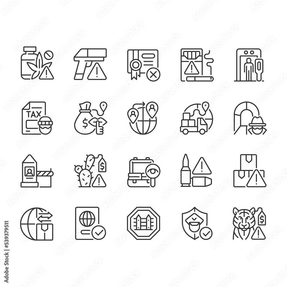 Smuggling linear icons set. Illegal import and export. Customizable thin line contour symbols. Isolated raster outline illustrations