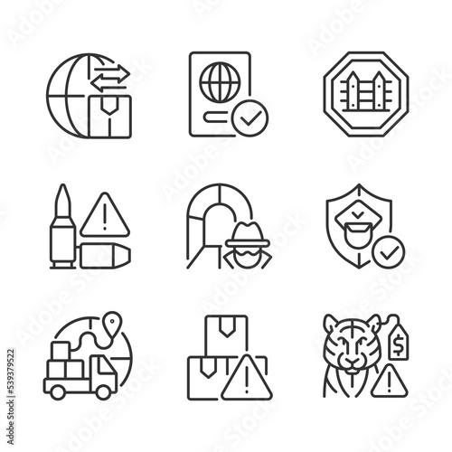 International trading linear icons set. Customs officer. Smuggling tunnel. Customizable thin line contour symbols. Isolated raster outline illustrations