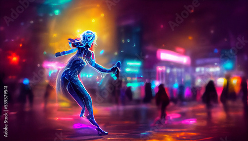 a dancing girl in the night, ice-skating on an icerink, frozen lake, winter, colorful city lights © XMagin