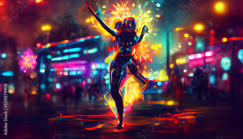 a dancing woman in the night, fireworks around her, colorful city lights, expression of emotions, happy passionate dance solo © XMagin