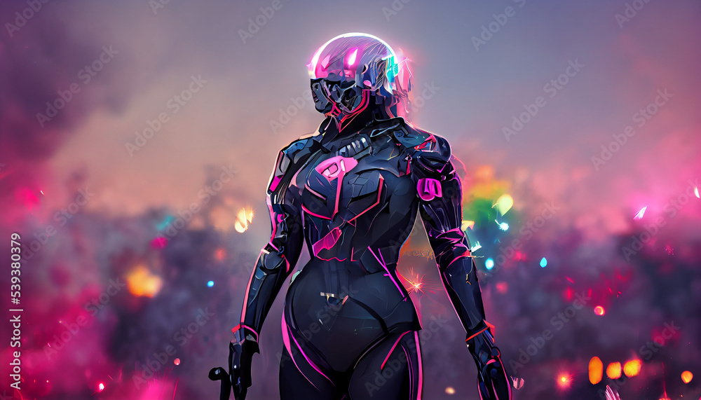 humanoid robot cyborg female, futuristic look, colorful armor with pink elements