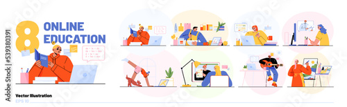 Online education scenes with people learning on Internet courses, training and study cooking food, painting, playing guitar and yoga, vector flat illustration
