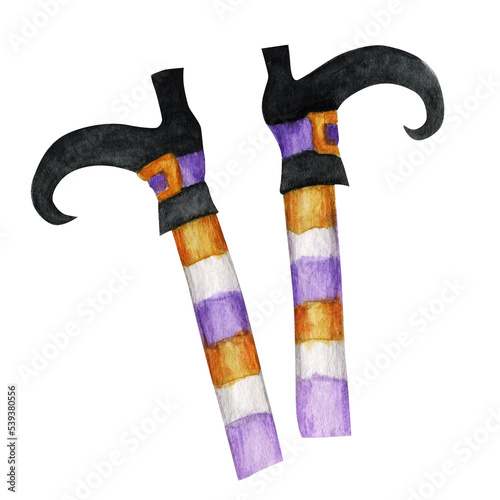Halloween wand foot with black shoes. Watercolor black wizard costume. Symbol of Halloween party illustration on transparent background, PNG file