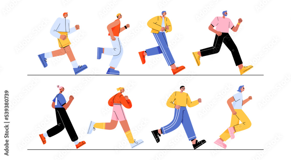 Set of diverse running people. Concept of sport activity, outdoor exercises, fitness. Multiracial characters in sportswear jogging, training, run marathon isolated on white background, vector flat set