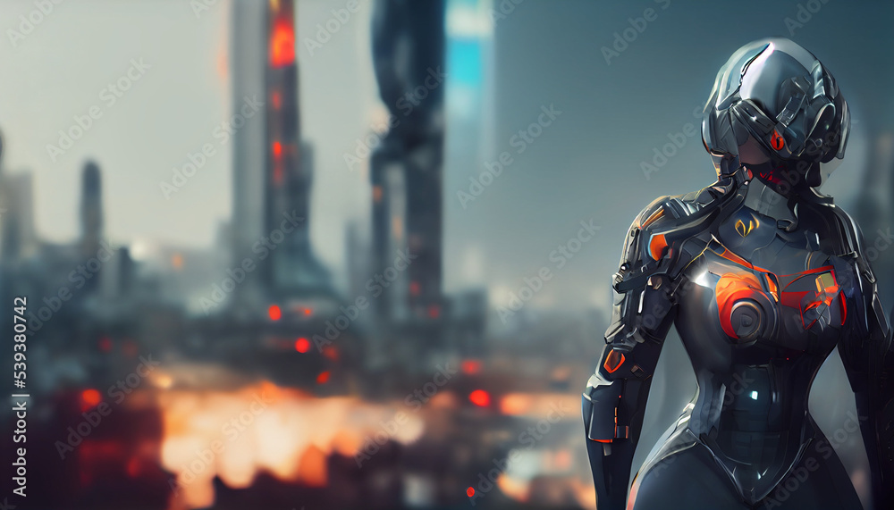 humanoid robot cyborg female, futuristic look, gray armor  with orange elements