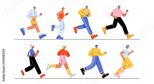 Set of diverse running people. Concept of sport activity, outdoor exercises, fitness. Multiracial characters in sportswear jogging, training, run marathon isolated on white background, vector flat set
