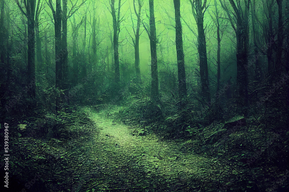 Grunge effected photo of spooky dark forest