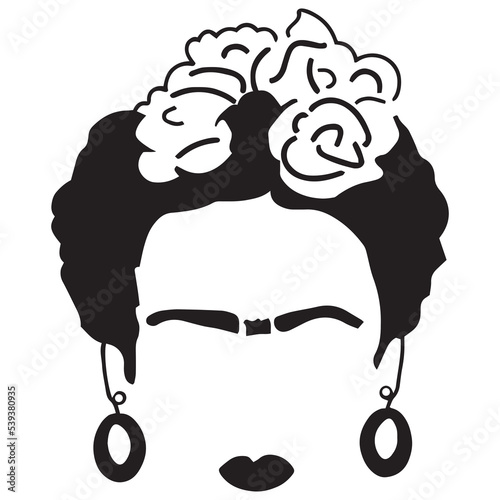 Black and white Frida silhouette, portrait of modern mexican woman with skull earring, vector illustration isolated on transparent background. Dia de los muertos