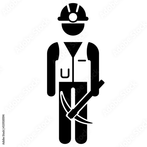 Worker, miner helmet and pickaxe icon. People and occupations pictogram, Flat design vector.