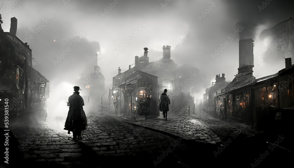 AI generated image of Victorian London on a moody evening with gaslights, fog and cobblestone