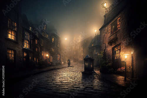 Fotografiet AI generated image of Victorian London on a moody evening with gas-lights, fog a