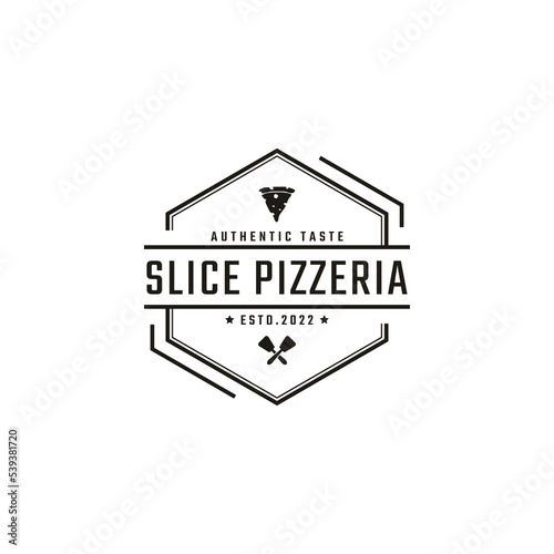 Vintage Retro Badge Emblem Pizza Slice, Pizzeria Restaurant Bar Bistro Logo Design Linear Style © Imnot99