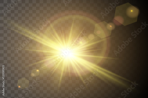 Vector transparent sunlight special lens flash light effect.front sun lens flash. Vector blur in the light of radiance. Element of decor. Horizontal stellar rays and searchlight.