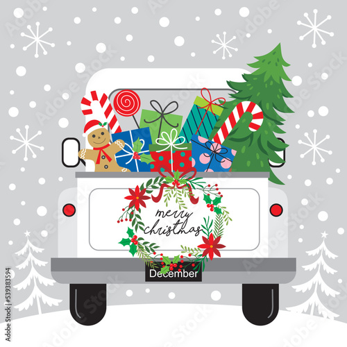 christmas card with santa christmas greeting card with christmas truck and gifts