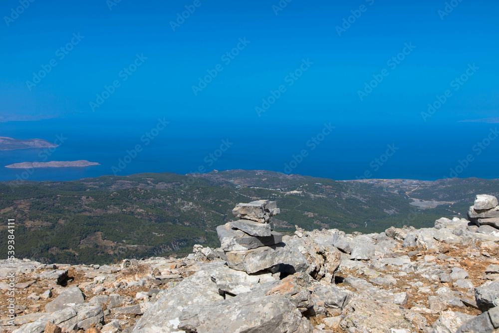 Panorama view on top of the Attavyros mountain. The highest mountain on the island of Rhodes. It rises to a height of 1,215 m. Embonas, Rhodes Island, Greece.