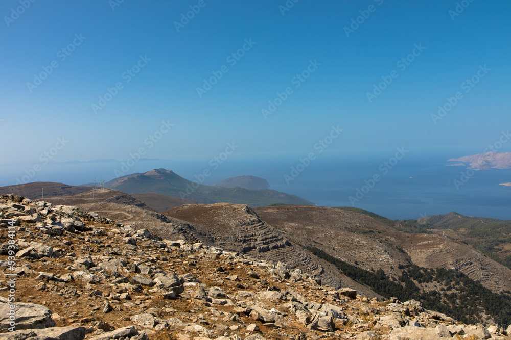 Panorama view on top of the Attavyros mountain. The highest mountain on the island of Rhodes. It rises to a height of 1,215 m. Embonas, Rhodes Island, Greece.