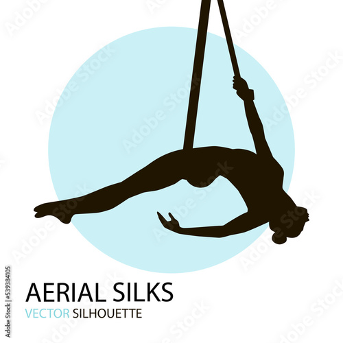 Silhouettes of a gymnast in the aerial silks. Vector illustration on white background. Air gymnastics 