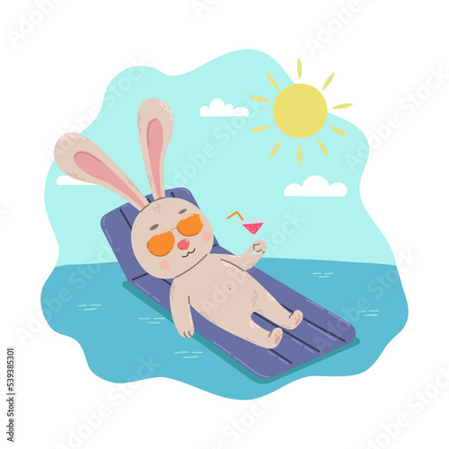 Cartoon rabbit swims on a rubber mattress and drinks a cocktail in the sea. Flat vector seasonal illustration